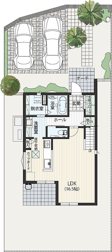 東宝ホーム 広島営業所の施工事例「3LDK|コンパクトにまとめた広い庭がある家」の1階間取り図の画像1