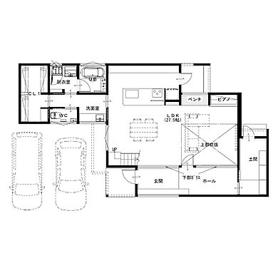 株式会社タイコーアーキテクトの施工事例「趣味を楽しみながら心地よく住まう!建物間口15mを超える重厚感のあるパッシブ住宅」の1階間取り図の画像1