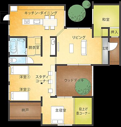 株式会社Lib Workの施工事例「熊本市南区平屋展示場ー「モダン」と「和」を融合させたコンテンポラリースタイル」の1階間取り図の画像1