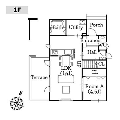 株式会社土屋ホームの施工事例「【北斗市/30.24坪/テラス】閑静な住宅街で、非日常が味わえる家」の1階間取り図の画像1