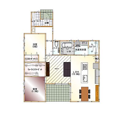 鬼丸ホーム株式会社 福岡支店の施工事例「勾配天井の明るいリビングと女心をくすぐる空間」の1階間取り図の画像1