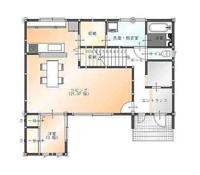 株式会社SAMATAの施工事例「グレーの壁紙をメインにしたインテリアの映えるオシャレな家」の1階間取り図の画像1