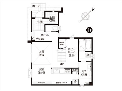 豊栄建設株式会社の施工事例「つながる空間の中に 個々の時間が集う家」の1階間取り図の画像1