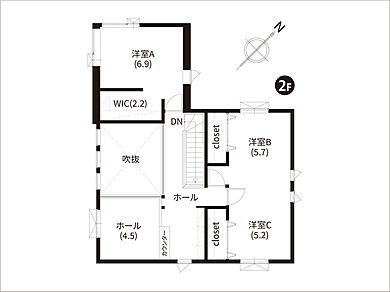豊栄建設株式会社の施工事例「つながる空間の中に 個々の時間が集う家」の2階間取り図の画像2