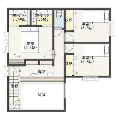 東亜ハウス株式会社の施工事例「大きな吹抜けがある、開放感いっぱいの家」の2階間取り図の画像2