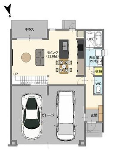 D-works株式会社の施工事例「ガレージと暮らす、洗練されたライフスタイル。」の1階間取り図の画像1