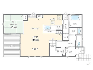 株式会社エドケンハウスの施工事例「南欧風スタイル(パドルファンが回る吹き抜けのある家)」の1階間取り図の画像1