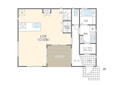 株式会社エドケンハウスの施工事例「柱を見せて広がりのある空間を演出している家」の1階間取り図の画像1