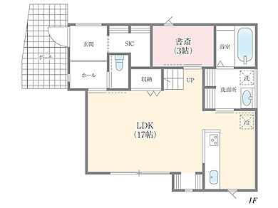 株式会社エドケンハウスの施工事例「化粧梁のあるヴィンテージモダンスタイルの家」の1階間取り図の画像1