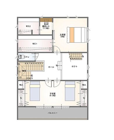 株式会社 前昌建設の施工事例「敷地70坪にゆったりと計画した、キッチンを主役にデザインされた家」の2階間取り図の画像2