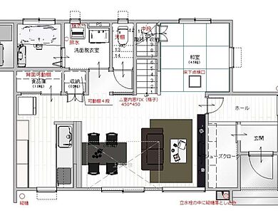 ヤマダコーポレーション株式会社 住宅事業部 ジャスミーハウスの施工事例「新潟県 妙高市 吹き抜けのあるBLACKハウス」の1階間取り図の画像1