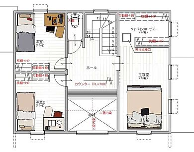ヤマダコーポレーション株式会社 住宅事業部 ジャスミーハウスの施工事例「新潟県 妙高市 吹き抜けのあるBLACKハウス」の2階間取り図の画像2