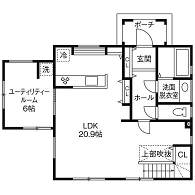 株式会社ノーザンハウスの施工事例「理想的な三角屋根の家を優れたコストパフォーマンスで実現」の1階間取り図の画像1