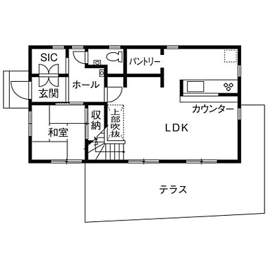 株式会社ノーザンハウスの施工事例「ペットと楽しく暮らせる工夫が満載!こだわりの輸入住宅を予算内で実現」の1階間取り図の画像1