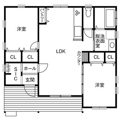 株式会社ノーザンハウスの施工事例「喧騒を離れ、愛犬たちとゆったり暮らせるコンパクトな平屋の輸入住宅」の1階間取り図の画像1
