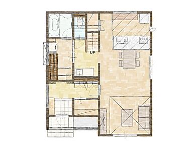アイフルホーム仙台東店の施工事例「家族がゆったりとくつろげる吹抜け空間のある邸宅」の1階間取り図の画像1