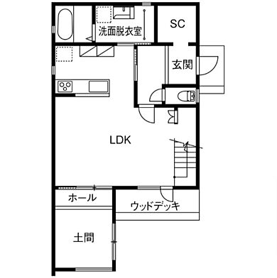 ハウスフィット一級建築士事務所の施工事例「【千葉県/吹き抜け/ウッドデッキ】規格住宅+工夫の子育ても趣味も楽しむ家」の1階間取り図の画像1