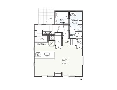 アオイ建設株式会社の施工事例「建売希望から一転!間取りが自由な『規格住宅』で、理想をカタチに。」の1階間取り図の画像1