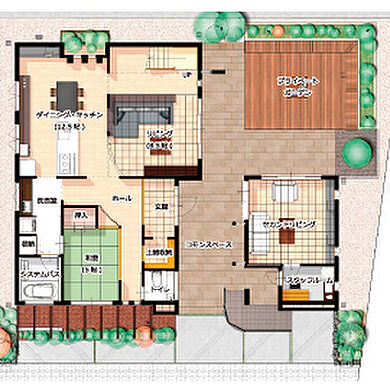 株式会社ケンコーホームの施工事例「【諫早市/4LDK+離れ】コモンスペースを中心に「母屋」と「離れ」のある家」の1階間取り図の画像1