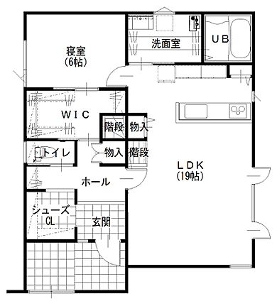 道北振興株式会社の施工事例「1階主寝室で将来も安心。家事ラク動線の3LDK」の1階間取り図の画像1