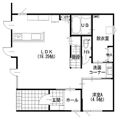 道北振興株式会社の施工事例「19.25帖のLDK・パントリー・脱衣室と洗面分離・WIC付きが魅力の住まい。」の1階間取り図の画像1