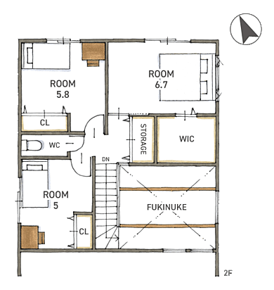 株式会社COLORS工務店 一級建築士事務所の施工事例「【滋賀/大津/本宮/吹き抜け/天然木/COLORS工務店】本宮モデルハウス」の2階間取り図の画像2