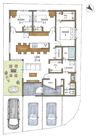 株式会社COLORS工務店 一級建築士事務所の施工事例「【滋賀/南笠東/平屋/天然木/COLORS工務店】南笠東平屋モデルハウス」の1階間取り図の画像1