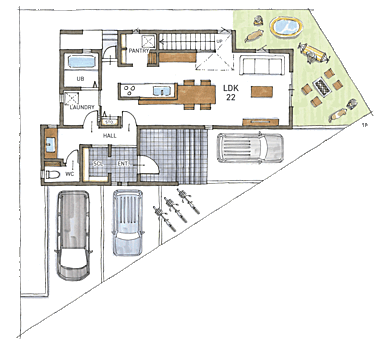 株式会社COLORS工務店 一級建築士事務所の施工事例「【滋賀/大津/瀬田3/天然木/COLORS工務店】新瀬田3モデルハウス」の1階間取り図の画像1