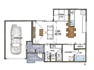 株式会社COLORS工務店 一級建築士事務所の施工事例「【滋賀/草津市/矢橋/天然木/趣味/COLORS工務店】魅力的なガレージハウス」の1階間取り図の画像1