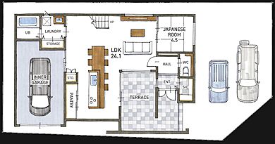 株式会社COLORS工務店 一級建築士事務所の施工事例「【滋賀/栗東市/安養寺/天然木/趣味/COLORS工務店】魅力的なガレージハウス」の1階間取り図の画像1