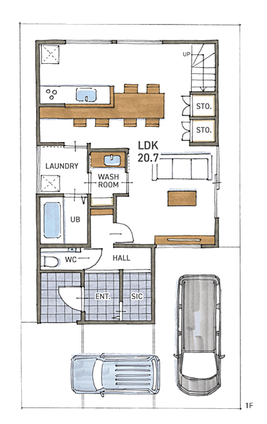 株式会社COLORS工務店 一級建築士事務所の施工事例「【滋賀/草津市/矢橋町/天然木/外観/COLORS工務店】新矢橋モデル」の1階間取り図の画像1
