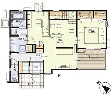 株式会社イシン住宅研究所 岡山支店の施工事例「デザイン性と機能性に優れた家」の1階間取り図の画像1