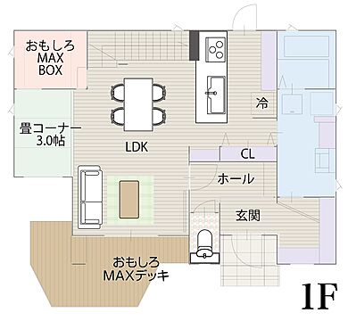 イシンホーム津山の施工事例「12のウイルス対策がついた「巣ごもりが面白い家」」の1階間取り図の画像1