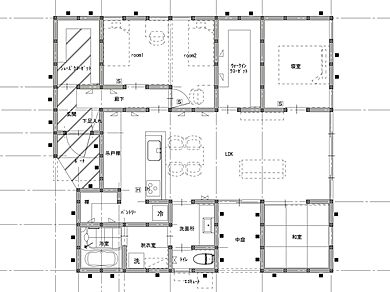 無垢人homeの施工事例「会津若松市O様邸 中庭のある平屋2LDK エッジの効いた木目&ガルバ中庭のある家」の1階間取り図の画像1