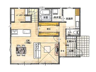 HAPPY HOUSE 志太店(山田工務店)の施工事例「【2階建て】快適な間取りに性能をプラスした住まい」の1階間取り図の画像1