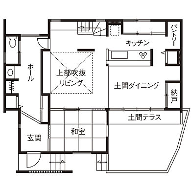 アーキテックスライフスタイルセンター岡崎の施工事例「【西尾市】遊びごころのある土間ダイニングからお庭に繋がる開放的な家」の1階間取り図の画像1