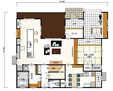 木の花ホーム | コスパ◎ 職人力 自然素材の施工事例「【無垢床/畳コーナー/グラフテクト】広いLDKとロフトのある家」の1階間取り図の画像1