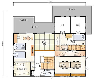木の花ホーム | コスパ◎ 職人力 自然素材の施工事例「【無垢床/畳コーナー/グラフテクト】広いLDKとロフトのある家」の2階間取り図の画像2
