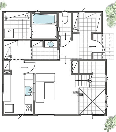 ユニバーサルホーム鳥取店の施工事例「ねこもひとも、のびのび暮らす」の1階間取り図の画像1