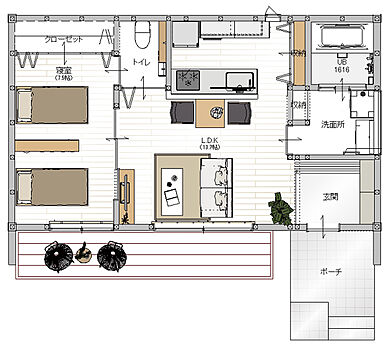 陶彩館の施工事例「【シニア限定】50代からのセカンドライフ老後も安心! 健康寿命をのばす平屋住宅」の1階間取り図の画像1