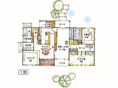 新産住拓株式会社の施工事例「【通り土間/段下がりリビング】「にわやリビング」」の1階間取り図の画像1