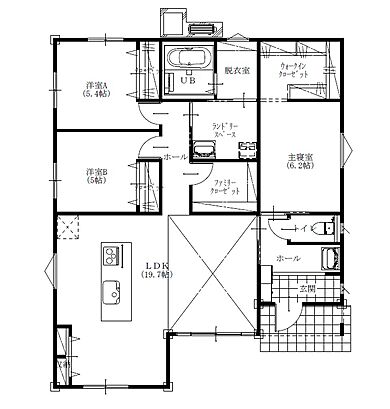 ジャストホームの施工事例「暮らしやすさとカッコよさを兼ね備えた平屋」の1階間取り図の画像1