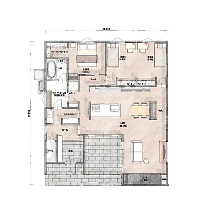 ジャストホームの施工事例「30坪3LDK+ヌックのある平屋」の1階間取り図の画像1