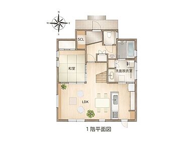 メルシーホームの施工事例「まるで南フランスの田舎にたたずむような、 素朴で心地よい家」の1階間取り図の画像1