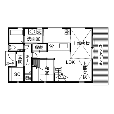 株式会社八幡 青梅店の施工事例「【東京ゼロエミ高水準/太陽光発電】吹き抜けにウッドデッキ、借景活きる注文住宅」の1階間取り図の画像1