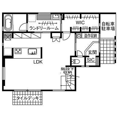 株式会社八幡 青梅店の施工事例「【高気密・高断熱/太陽光発電/回遊動線】快適動線と高性能を叶えた家族5人が集う家」の1階間取り図の画像1