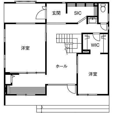株式会社八幡 青梅店の施工事例「【ZEH仕様住宅/2階LDK】階段を中心に家事効率もいいゆとりある空間の家」の1階間取り図の画像1