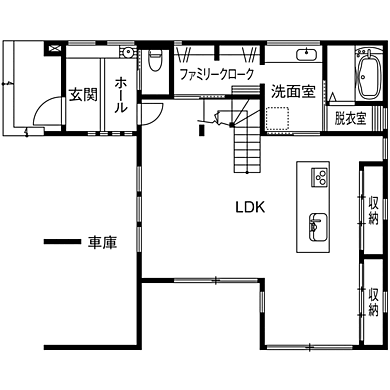 株式会社八幡 青梅店の施工事例「【東京ゼロエミ高水準/44坪】車2台分のビルトインガレージがあるおしゃれな家」の1階間取り図の画像1