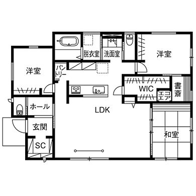 株式会社八幡 青梅店の施工事例「【C値0.39/太陽光発電20.46kW】数値が裏付ける快適性を実感する家」の1階間取り図の画像1