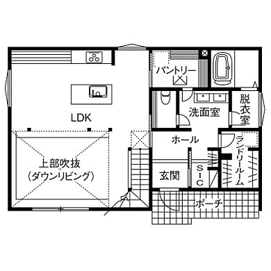 株式会社八幡 青梅店の施工事例「【高気密・高断熱/間取図】ダウンフロアリビングなどの希望を完全自由設計で実現」の1階間取り図の画像1